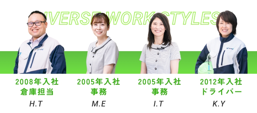 2008年入社 倉庫担当 H.T / 2005年入社 事務 M.E / 2004年入社 事務 I.Y / 2012年入社 ドライバー K.Y